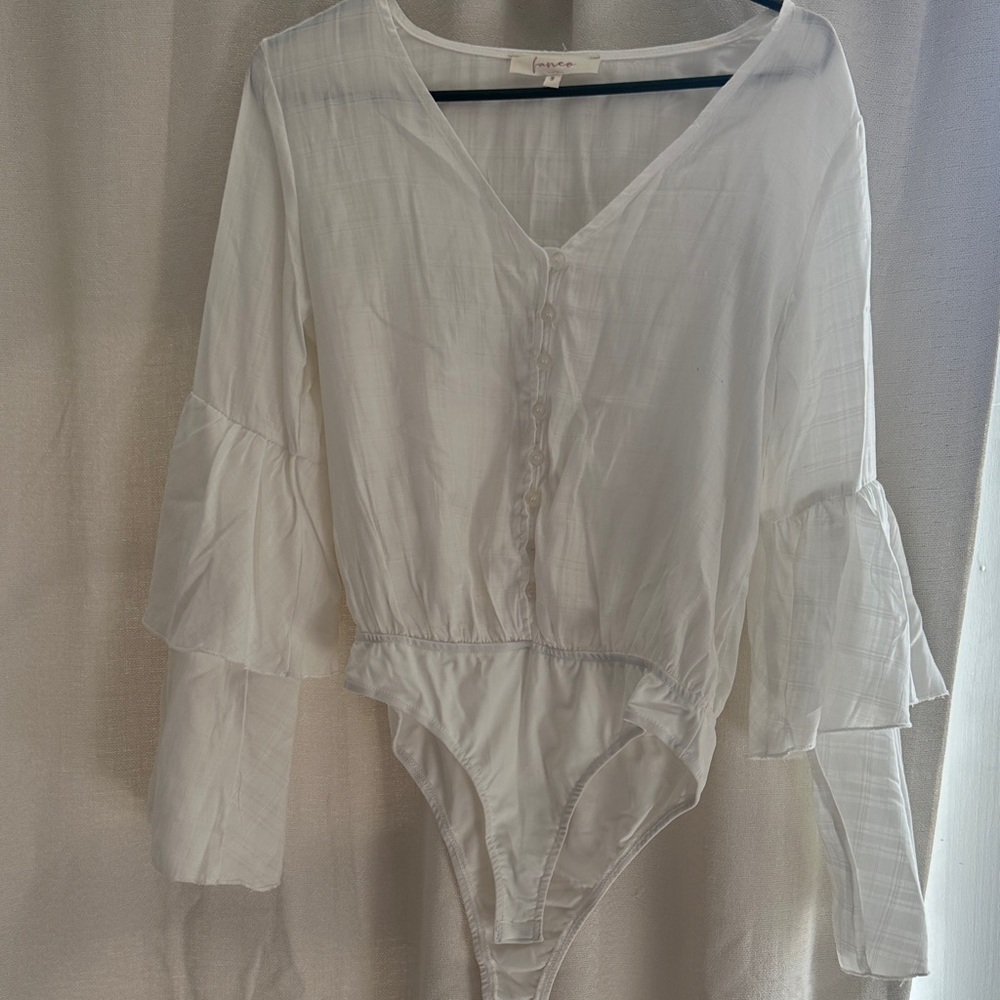 White Button-Front Ruffle Bell Sleeve Bodysuit